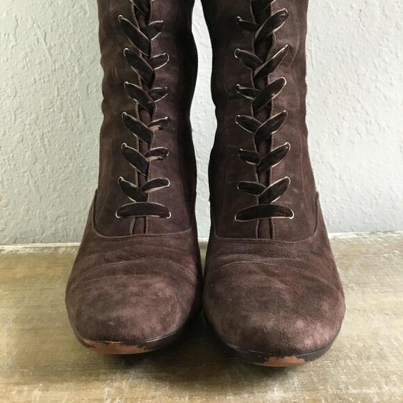 Y2K Brown Suede Renaissance Fair Fantasy Fairycore Lace Up Heeled Boots 9M - Picture 3 of 8